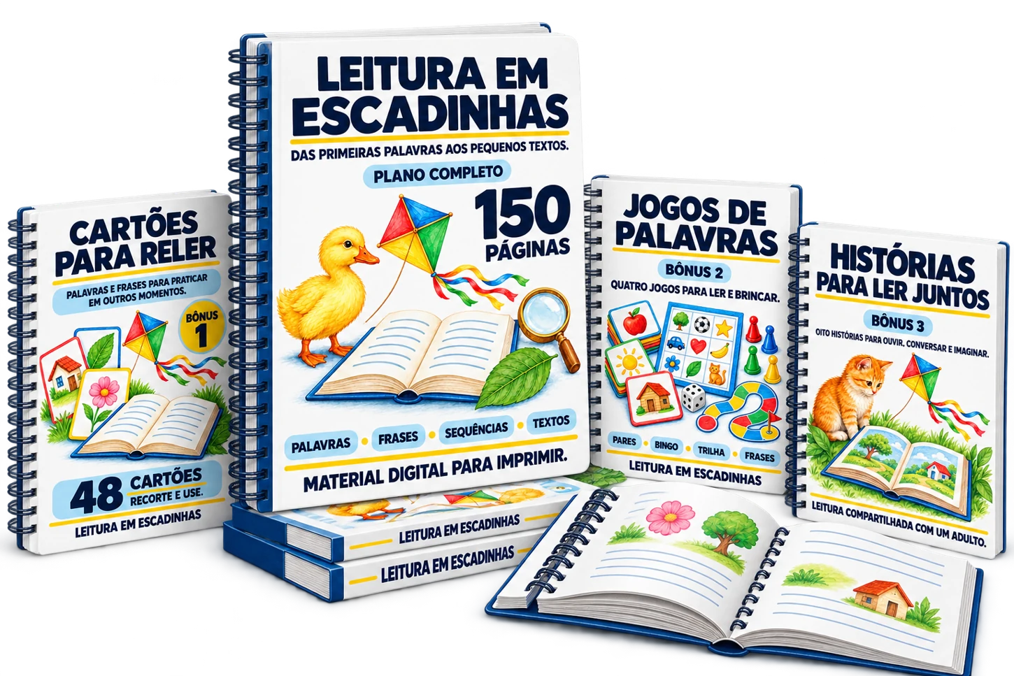 Mockup do Plano Completo com a apostila principal e os três bônus